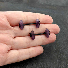 Load image into Gallery viewer, 14G 9/16 Purple Amethyst Black Claw Obelisk Barbell Nipple Ring Set