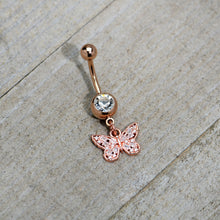Load image into Gallery viewer, Clear Gem Rose Gold Tone Baroque Butterfly Rococo Dangle Belly Ring