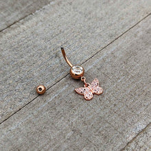 Load image into Gallery viewer, Clear Gem Rose Gold Tone Baroque Butterfly Rococo Dangle Belly Ring