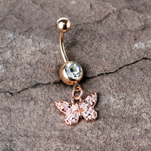 Load image into Gallery viewer, Clear Gem Rose Gold Tone Baroque Butterfly Rococo Dangle Belly Ring