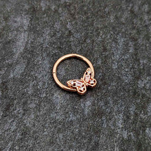 Load image into Gallery viewer, 16G 3/8 Clear Gem Rosy Tone Baroque Butterfly Hinged Segment Ring