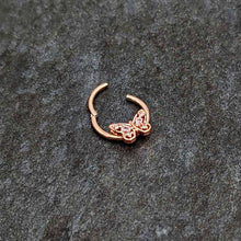 Load image into Gallery viewer, 16G 3/8 Clear Gem Rosy Tone Baroque Butterfly Hinged Segment Ring