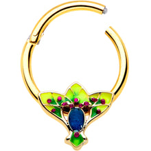 Load image into Gallery viewer, 16G 3/8 Blue Gem Gold Tone Tropic Fan Hinged Segment Ring