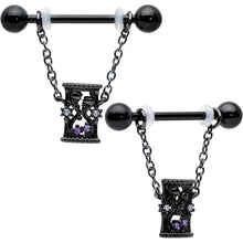 将图片加载到图库查看器,14G 5/8 Purple Gem Black Goth Hourglass Chain Dangle Nipple Ring Set