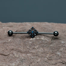 Load image into Gallery viewer, 14G Blue Gem Black Lacy Rhombus Industrial Barbell 38mm