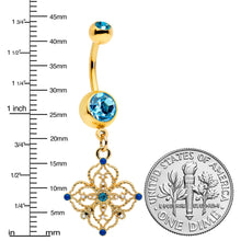 将图片加载到图库查看器,Blue Gem Gold Tone Texture Emblem Dangle Belly Ring