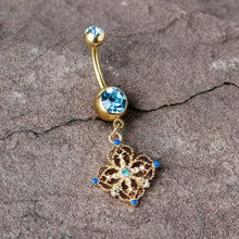 将图片加载到图库查看器,Blue Gem Gold Tone Texture Emblem Dangle Belly Ring