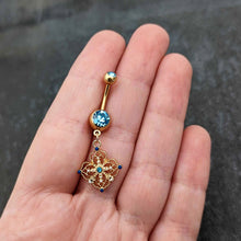 将图片加载到图库查看器,Blue Gem Gold Tone Texture Emblem Dangle Belly Ring