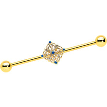 Load image into Gallery viewer, 14G Blue Gem Gold Tone Texture Emblem Industrial Barbell 38mm