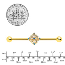 Load image into Gallery viewer, 14G Blue Gem Gold Tone Texture Emblem Industrial Barbell 38mm