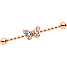 Load image into Gallery viewer, 14G Clear Gem Rosy Tone Baroque Butterfly Industrial Barbell 38mm