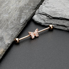 Load image into Gallery viewer, 14G Clear Gem Rosy Tone Baroque Butterfly Industrial Barbell 38mm