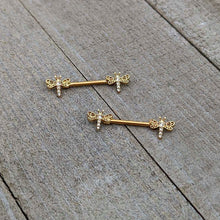 Load image into Gallery viewer, 14G 9/16 Clear Gem Gold Tone Flying Dragonfly Nipple Ring Set