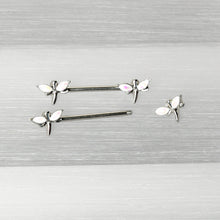 Load image into Gallery viewer, 14G 5/8 White Faux Opal Styled Dragonfly Barbell Nipple Ring Set