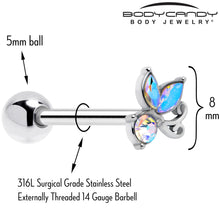 Load image into Gallery viewer, Aurora Gem Fleur de Lis Butterfly Barbell Tongue Ring