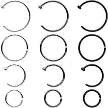 Load image into Gallery viewer, 20G 12 Pack ASTM F-136 Implant Grade Titanium Hoop Nose Ring Septum Cartilage Ear Hoop Earring Set