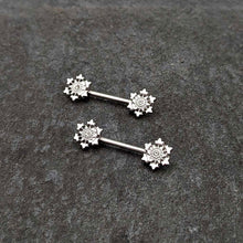Load image into Gallery viewer, 14G 9/16 Clear Gem Filigree Winter Snowflake Nipple Ring Set