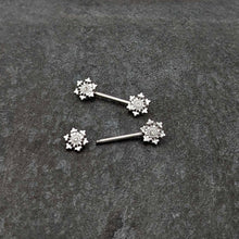 Load image into Gallery viewer, 14G 9/16 Clear Gem Filigree Winter Snowflake Nipple Ring Set
