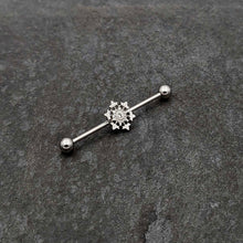 Load image into Gallery viewer, 14G Clear Gem Filigree Winter Snowflake Industrial Barbell 38mm