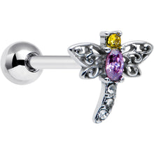 Load image into Gallery viewer, Purple Yellow Clear Gem Dragonfly Barbell Tongue Ring