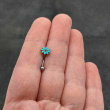 Load image into Gallery viewer, 16G 5/16 Blue Gem Flower Teal Petals Curved Eyebrow Ring