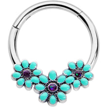 Load image into Gallery viewer, 16G 3/8 Blue Gem Flower Trio Teal Petals Hinged Segment Ring