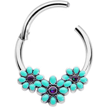 Load image into Gallery viewer, 16G 3/8 Blue Gem Flower Trio Teal Petals Hinged Segment Ring
