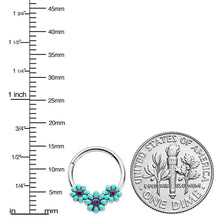 Load image into Gallery viewer, 16G 3/8 Blue Gem Flower Trio Teal Petals Hinged Segment Ring