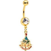 将图片加载到图库查看器,Clear Red Gem Gold Tone Decorated Holiday Tree Dangle Belly Ring