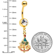 将图片加载到图库查看器,Clear Red Gem Gold Tone Decorated Holiday Tree Dangle Belly Ring