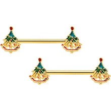 Load image into Gallery viewer, 14G 9/16 Red Gem Gold Hue Deco Holiday Tree Barbell Nipple Ring Set