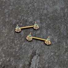 Load image into Gallery viewer, 14G 9/16 Red Gem Gold Hue Deco Holiday Tree Barbell Nipple Ring Set