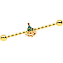Load image into Gallery viewer, 14G Red Gem Gold Tone Deco Holiday Tree Industrial Barbell 38mm