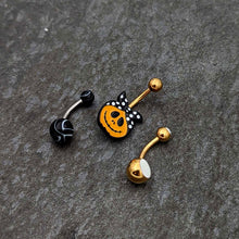 Load image into Gallery viewer, Gold Tone Halloween Country Pumpkin Glow in Dark Belly Ring Set of 3