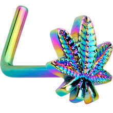 Load image into Gallery viewer, 20G 1/4 Rainbow Anodized Texture Pot Leaf L Shape Nose Ring