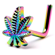 Load image into Gallery viewer, 20G 1/4 Rainbow Anodized Texture Pot Leaf L Shape Nose Ring