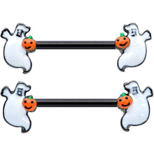 Load image into Gallery viewer, 14G 9/16 Black Halloween Pumpkin Ghost Barbell Nipple Ring Set