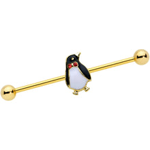 Load image into Gallery viewer, 14G Red Gem Gold Tone Bow Tie Penguin Industrial Barbell 38mm