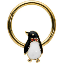 Load image into Gallery viewer, 16G 3/8 Red Gem Gold Tone Bow Tie Penguin Hinged Segment Ring