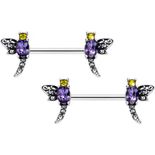 Load image into Gallery viewer, 14G 9/16 Purple Yellow Gem Dragonfly Barbell Nipple Ring Set