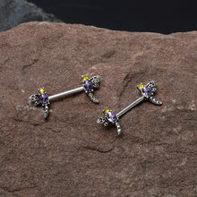 Load image into Gallery viewer, 14G 9/16 Purple Yellow Gem Dragonfly Barbell Nipple Ring Set