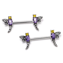 Load image into Gallery viewer, 14G 9/16 Purple Yellow Gem Dragonfly Barbell Nipple Ring Set