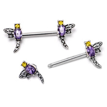 Load image into Gallery viewer, 14G 9/16 Purple Yellow Gem Dragonfly Barbell Nipple Ring Set