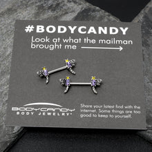 Load image into Gallery viewer, 14G 9/16 Purple Yellow Gem Dragonfly Barbell Nipple Ring Set