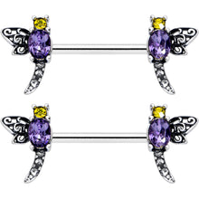 Load image into Gallery viewer, 14G 9/16 Purple Yellow Gem Dragonfly Barbell Nipple Ring Set