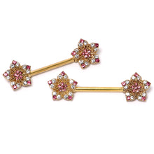 Load image into Gallery viewer, 14G 9/16 Pink Gem Gold Tone Texture Star Barbell Nipple Ring Set