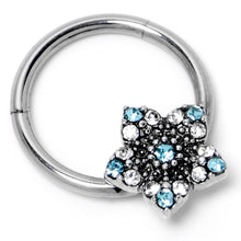 Load image into Gallery viewer, 16G 3/8 Blue Clear Gem Opulent Flower Hinged Segment Ring