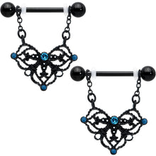 Load image into Gallery viewer, 14G 9/16 Blue Gem Black Lacy Rhombus Dangle Nipple Ring Set