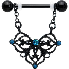 Load image into Gallery viewer, 14G 9/16 Blue Gem Black Lacy Rhombus Dangle Nipple Ring Set