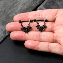 Load image into Gallery viewer, 14G 9/16 Blue Gem Black Lacy Rhombus Dangle Nipple Ring Set